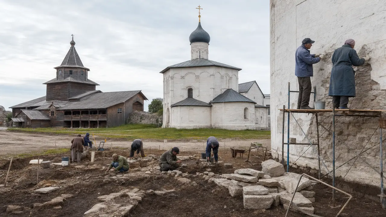 Археологи и реставраторы работают в историческом городе Северо-Запада