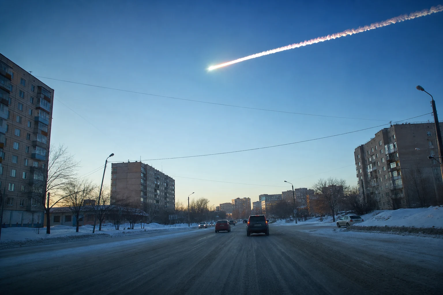 Челябинский болид над зимним городом