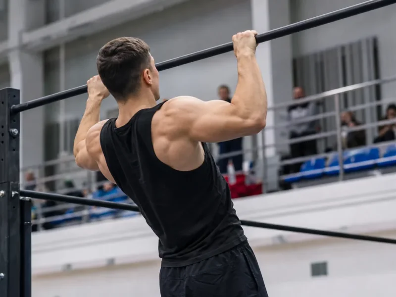 Спортсмен выполняет подтягивание на перекладине в спортивном зале
