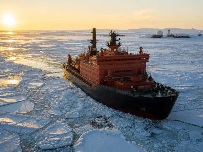 Атомный ледокол прокладывает путь через морской лёд российской Арктики