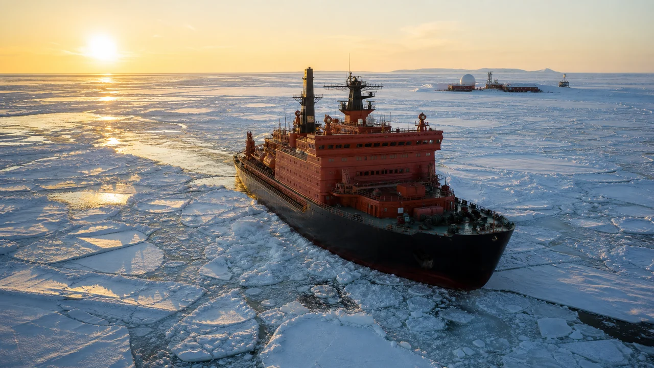Атомный ледокол прокладывает путь через морской лёд российской Арктики