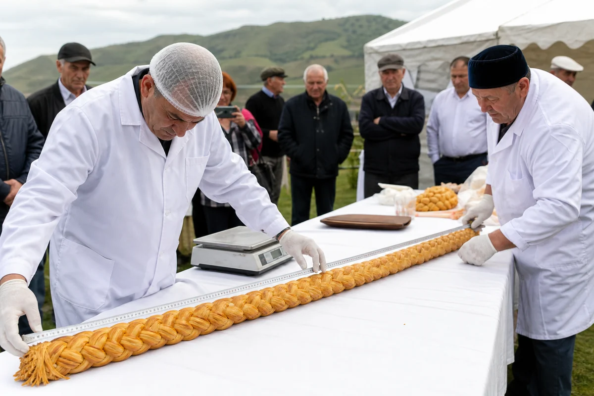 Специалисты измеряют длинный плетёный копчёный сыр на фестивале