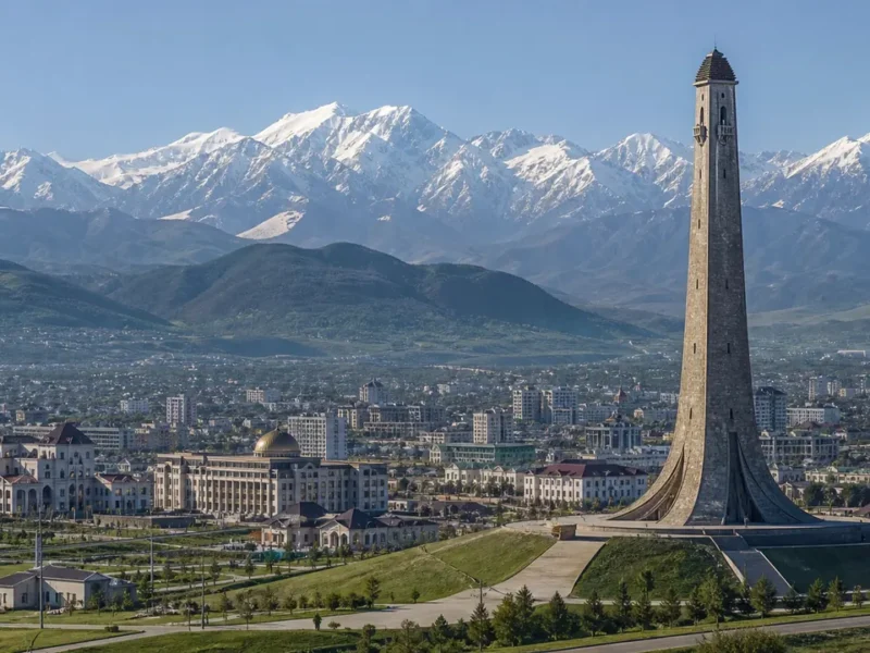 Башня Согласия в Магасе на фоне Кавказских гор