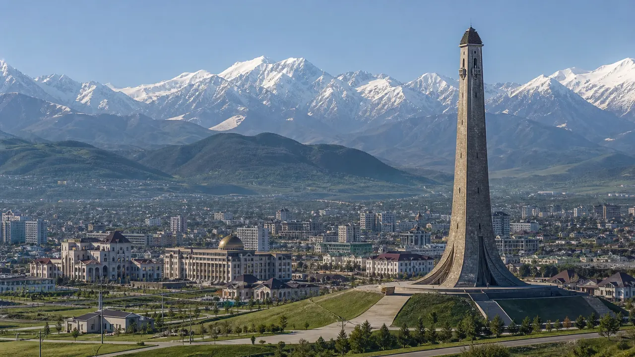 Башня Согласия в Магасе на фоне Кавказских гор