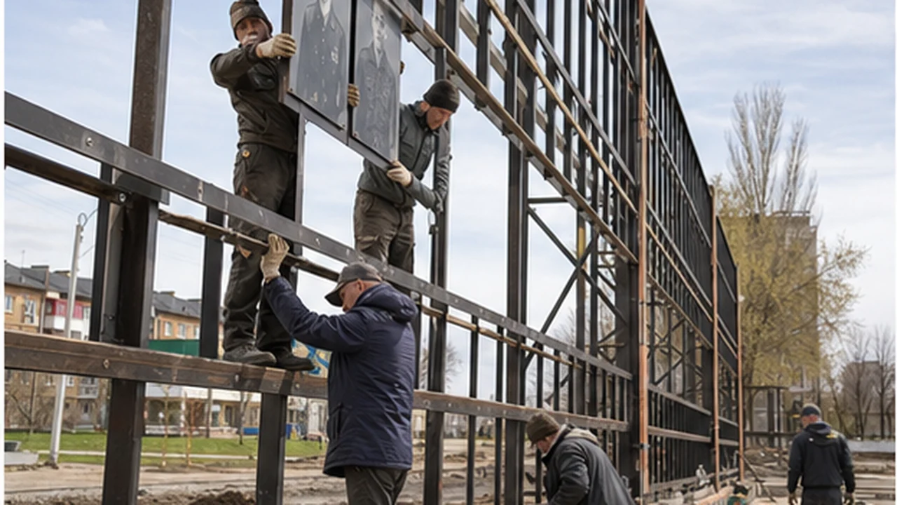 Монтаж портретных панелей на металлическую конструкцию стены памяти