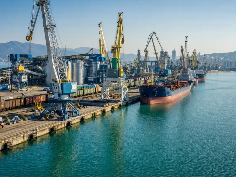 Работающий Новороссийский морской порт в Цемесской бухте