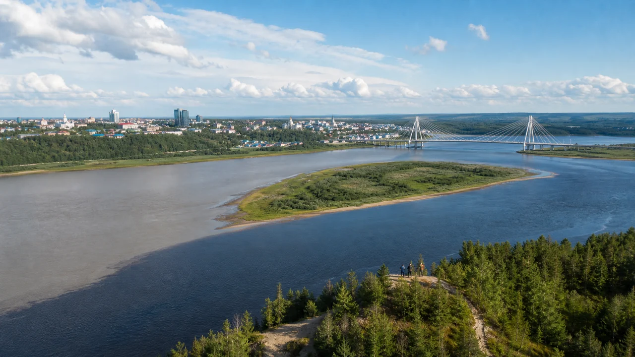 Панорама Югры с широкой рекой, тайгой, городом и вантовым мостом