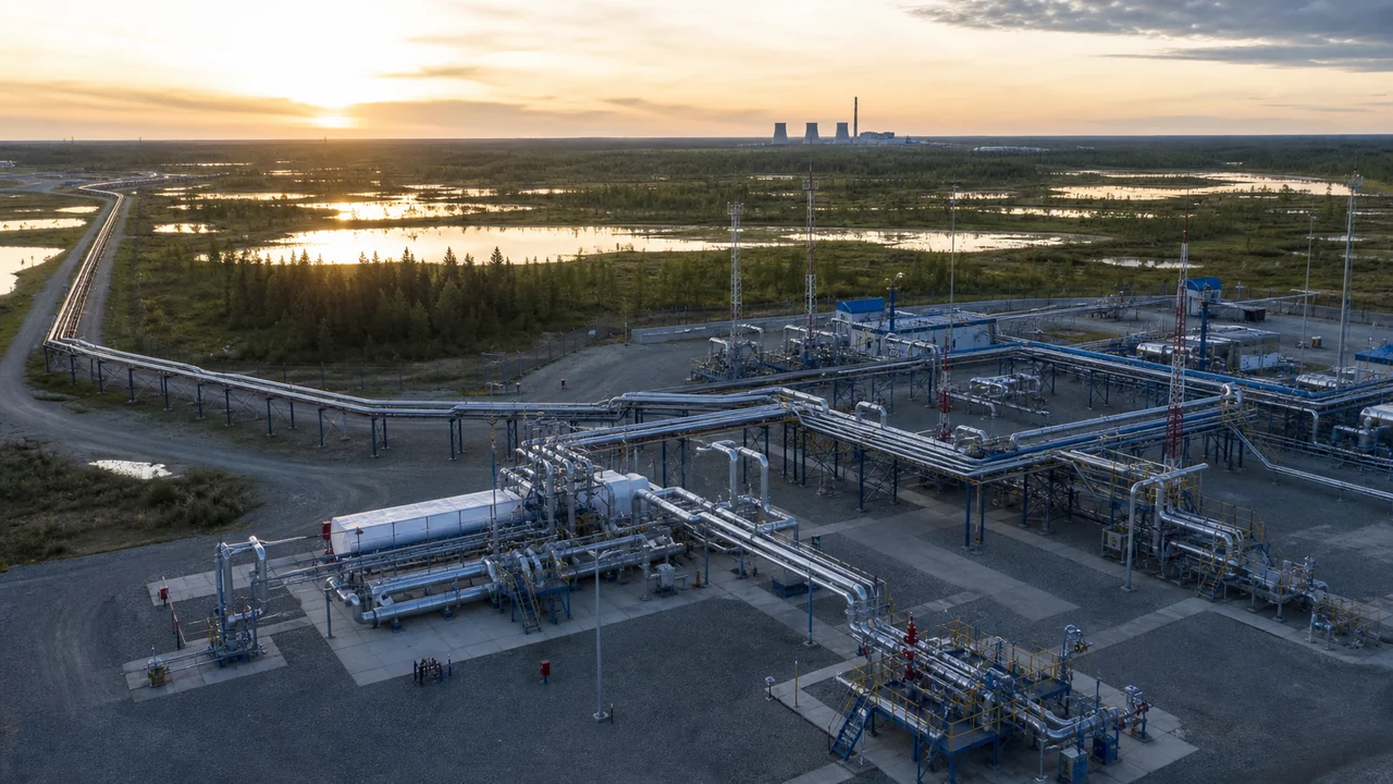 Нефтегазовая производственная площадка и трубопроводы среди таёжных болот Югры